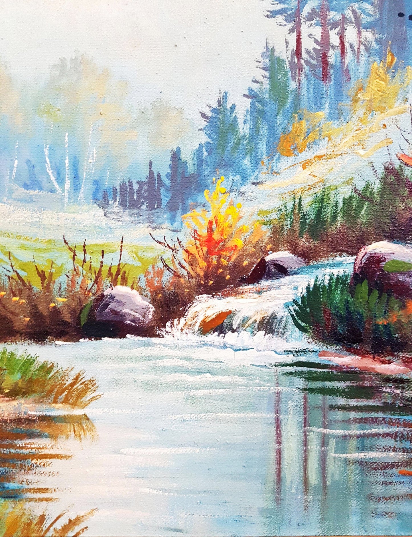 Горски пейзаж с река и пътека- масло - Нечетим подпис