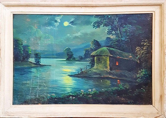 Лунен пейзаж с колиба и езеро - масло - Е. Рукова (подписана долу вдясно)