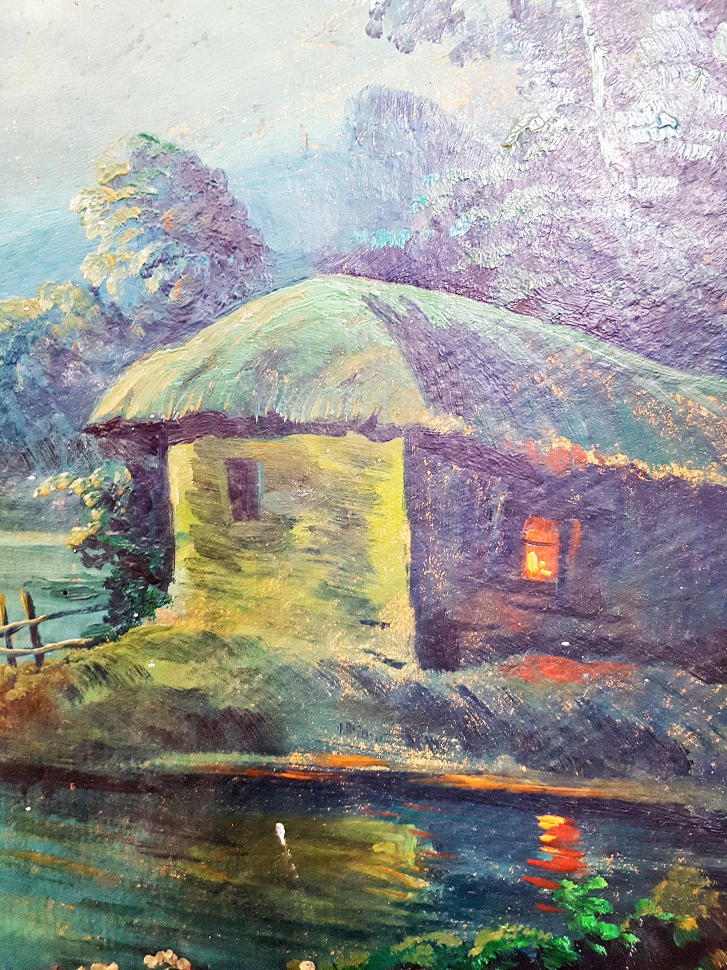 Лунен пейзаж с колиба и езеро - масло - Е. Рукова (подписана долу вдясно)