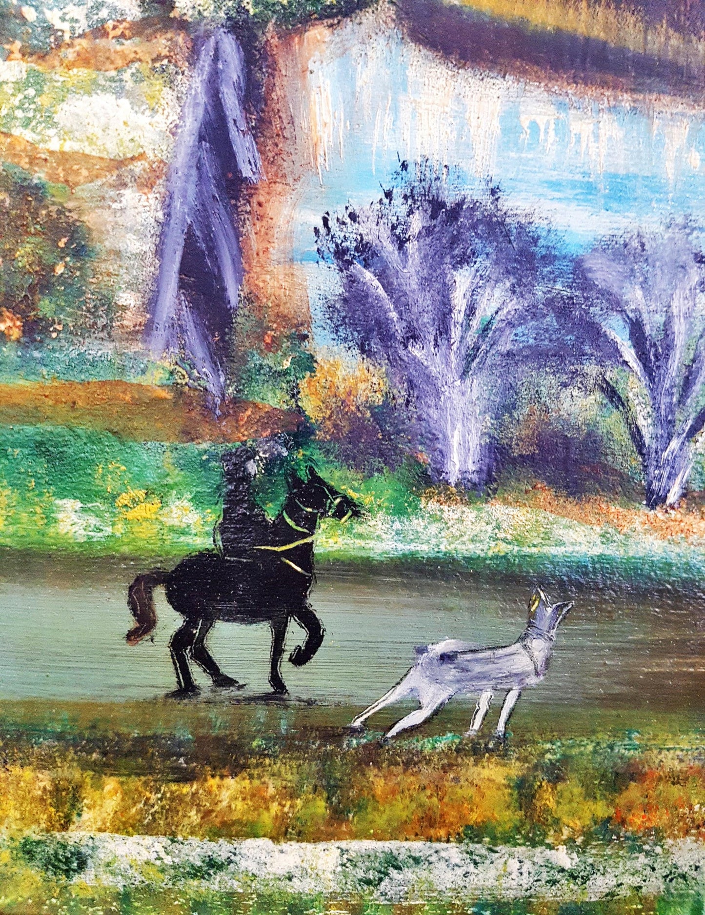 Наивистичен пасторален пейзаж с конник - масло