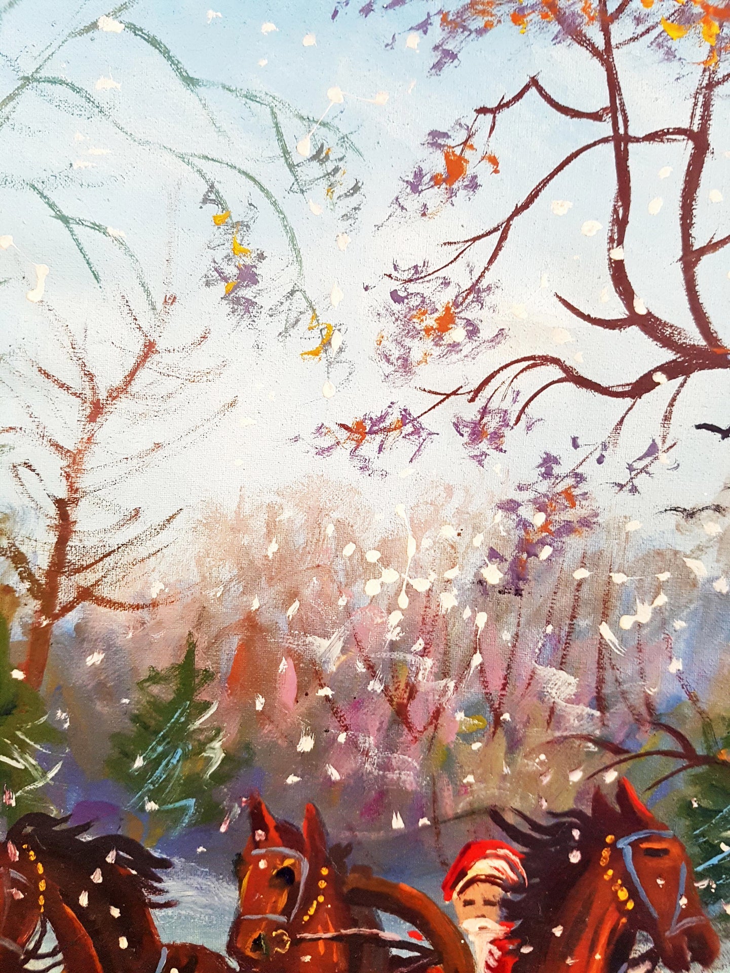 Зимен пейзаж с конски впряг- масло - М. З. (монограм / инициали)