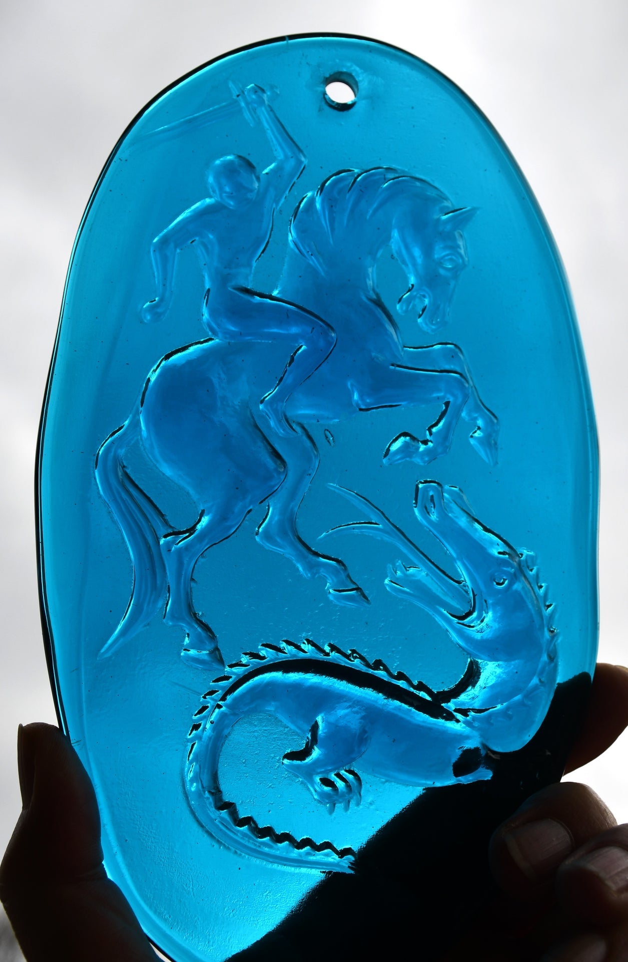 Sun catcher - стъклена икона интаглио, Св. Георги и змеят, Швеция, mid-century
