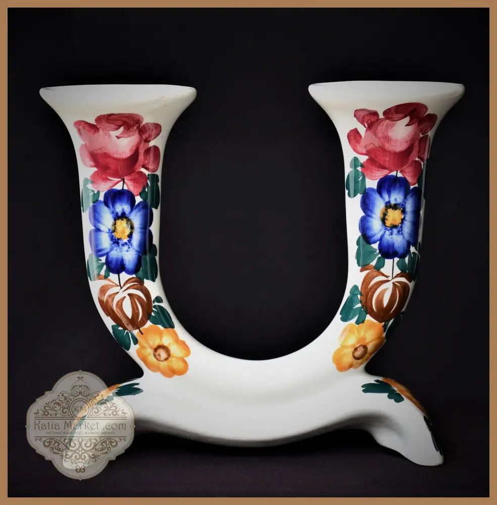 Двоен винтидж свещник - ръчно рисуван - antique