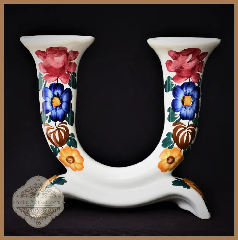 Двоен винтидж свещник - ръчно рисуван - antique