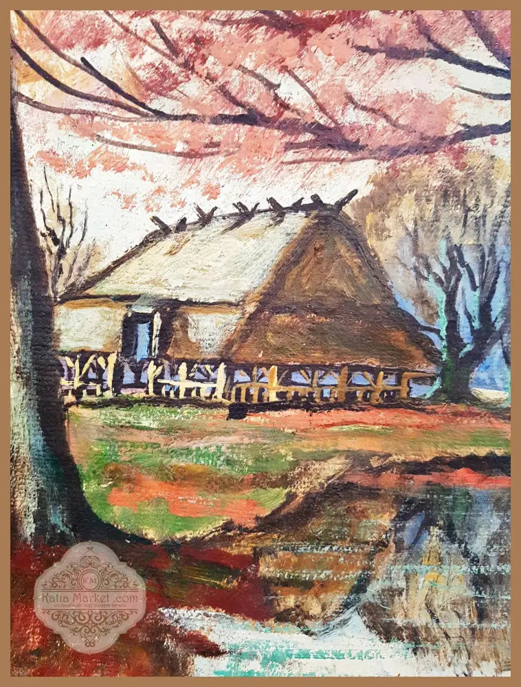 Есенен пейзаж с гора и колиба- масло - Нечетим подпис (долу вдясно) - Картина