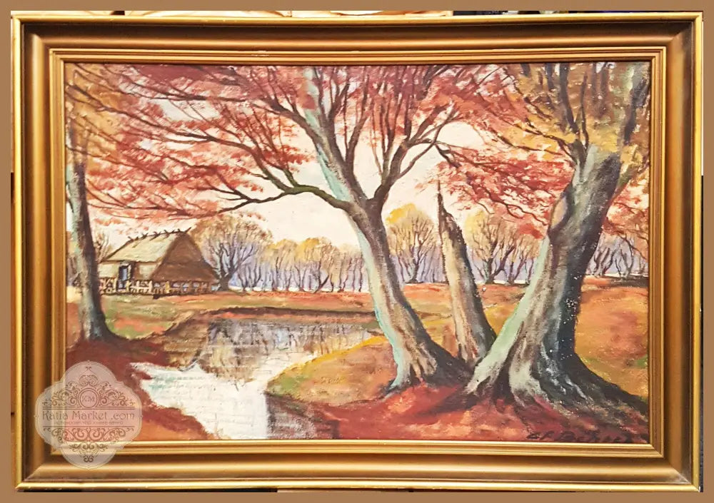 Есенен пейзаж с гора и колиба- масло - Нечетим подпис (долу вдясно) - Картина