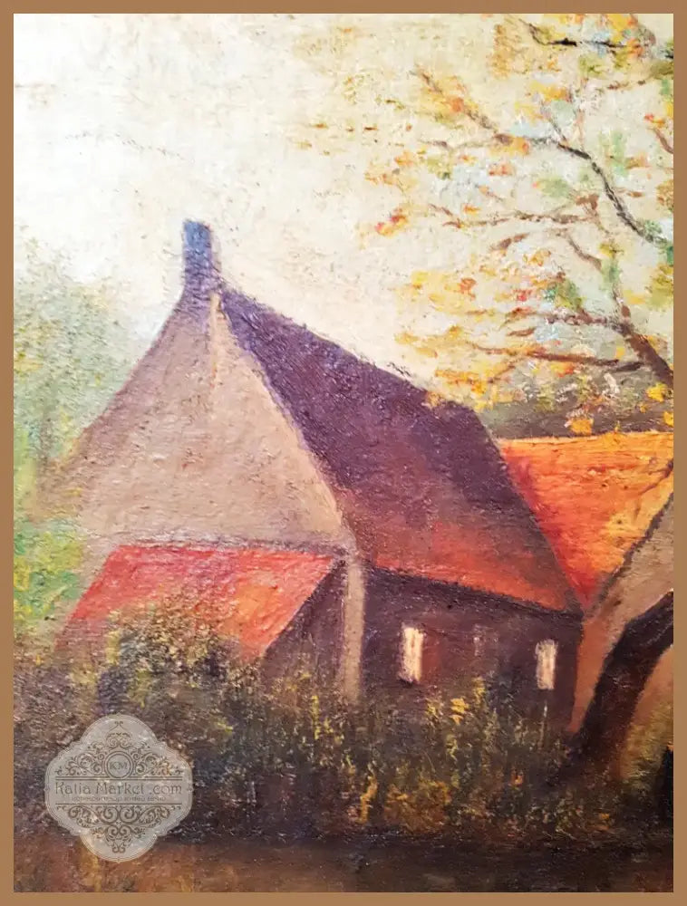Есенен пейзаж с къщи и езеро- масло от неизвестен автор (1118) - Картина
