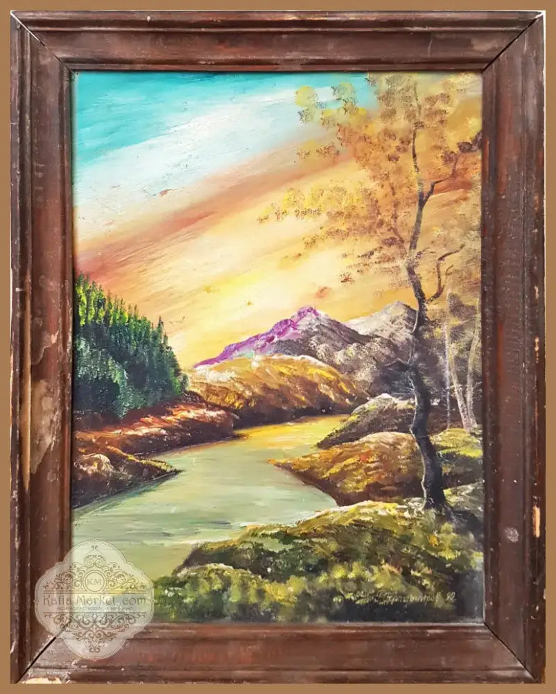Есенен пейзаж с река и планина- масло от Г. Страшимиров- 1992 година (1170) - Картина