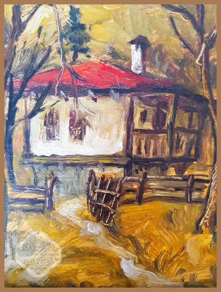 Есенен пейзаж със стари къщи, масло от неизвестен автор (1072) - Картина