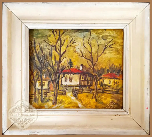 Есенен пейзаж със стари къщи, масло от неизвестен автор (1072) - Картина