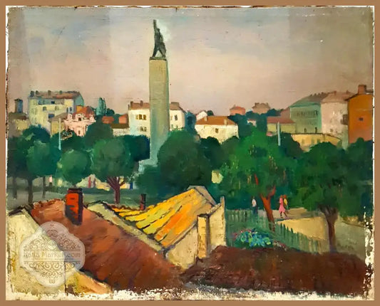 Градски пейзаж с паметник, масло от неизвестен автор (1078) - Картина