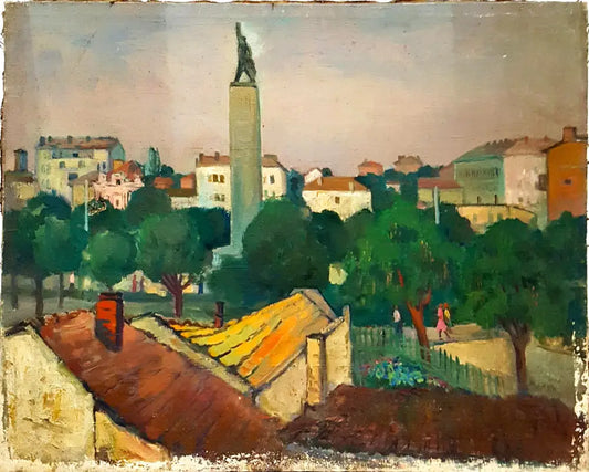 Градски пейзаж с паметник, масло от неизвестен автор (1078) - Картина