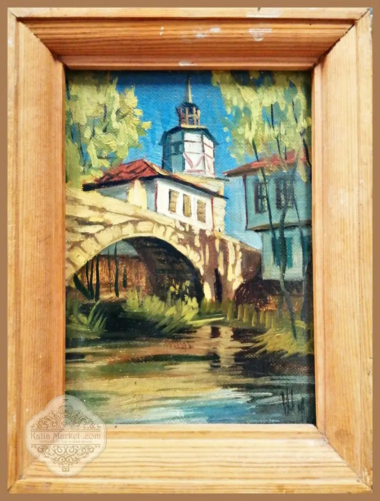 Картина върху фазер с рамка масло - Часовникова кула Трявна - antique