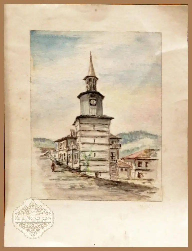 Картина върху картон без рамка акварел - antique