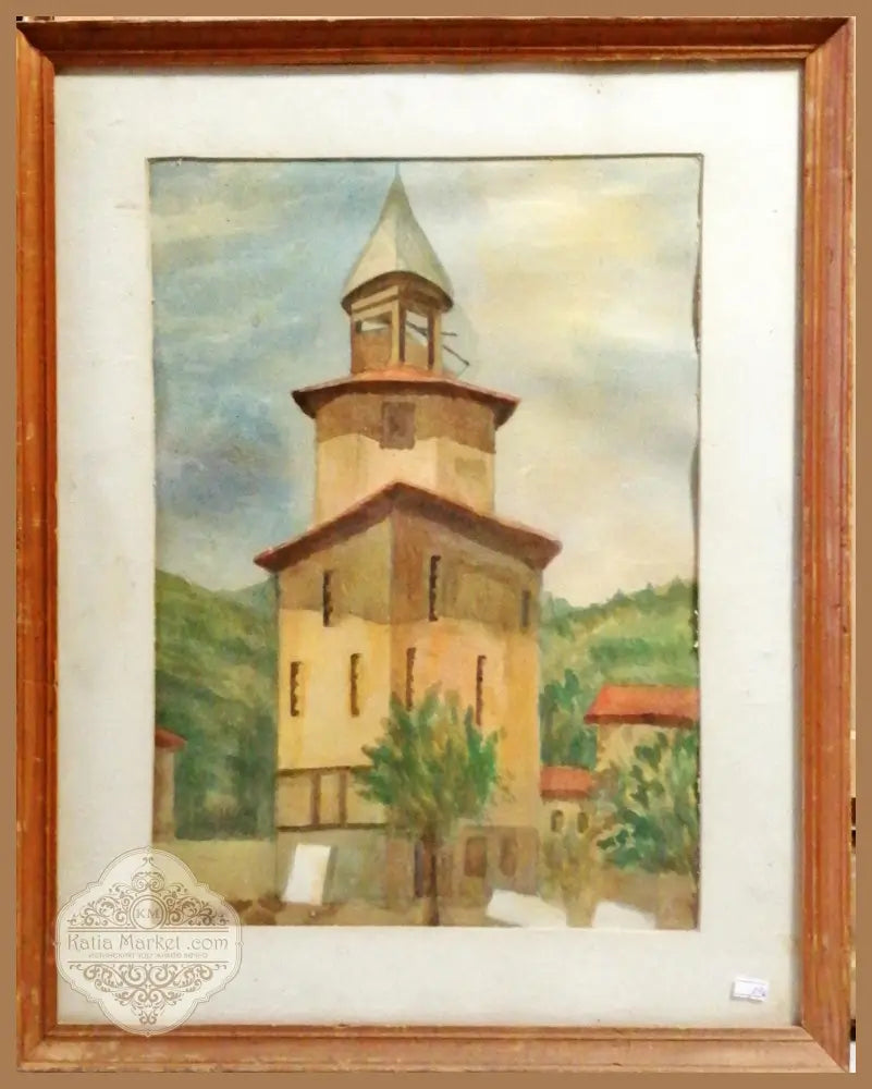 Картина върху картон с рамка акварел. Дряново ’Стария часовник’ - antique