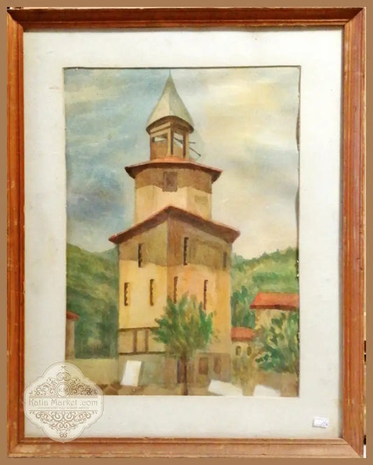 Картина върху картон с рамка акварел. Дряново ’Стария часовник’ - antique