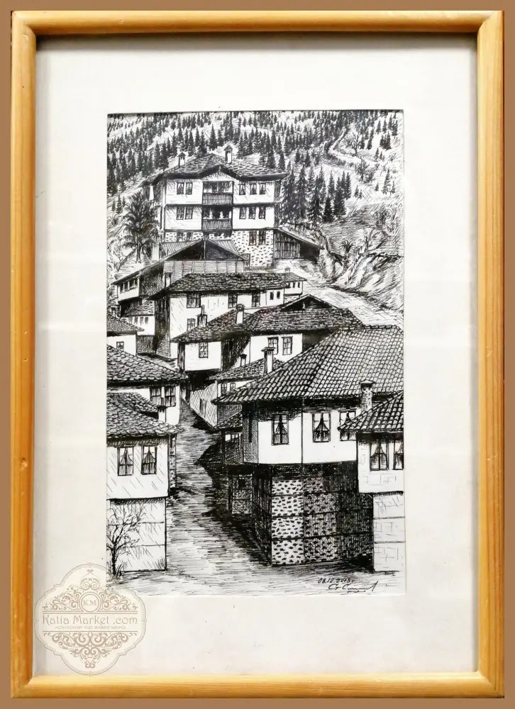 Картина върху картон с рамка графика ’ Широка лъка’ 2003г - antique