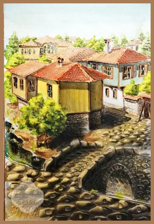 Картина върху картон смесена техника Копривщица - Б. Михайлов - antique