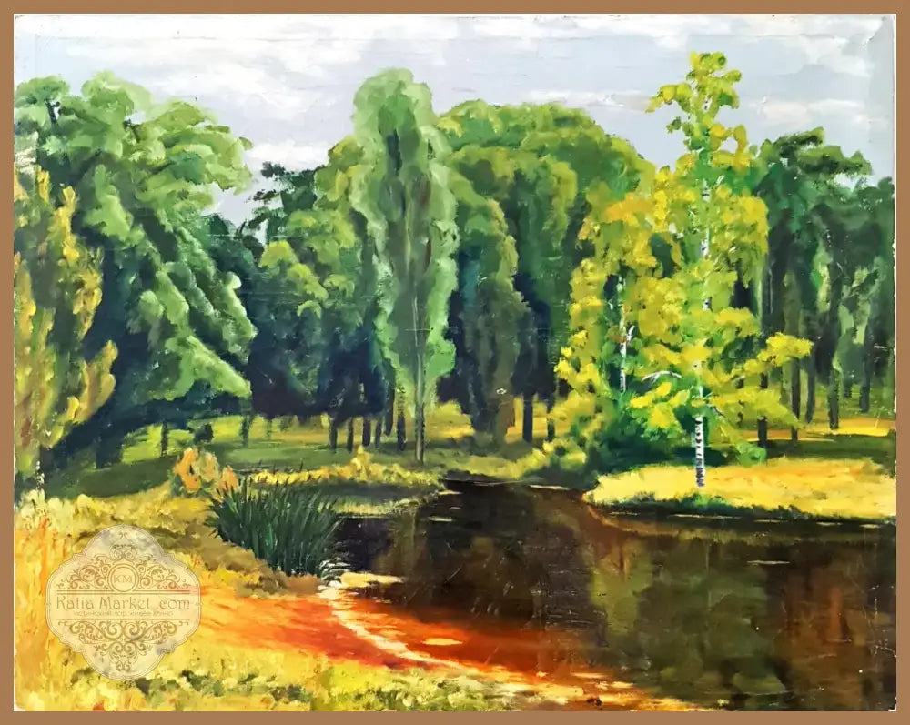 Летен пейзаж с река и брези- масло от неизвестен автор (1172) - Картина