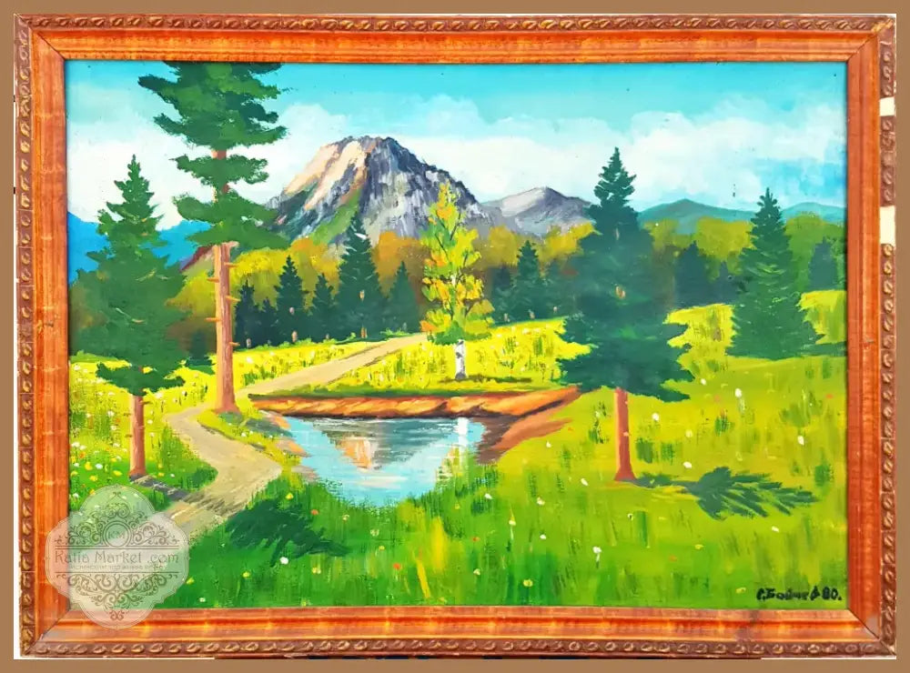 Летен планински пейзаж с езеро- масло от С. Бойчев- 1980 година (1112) - Картина