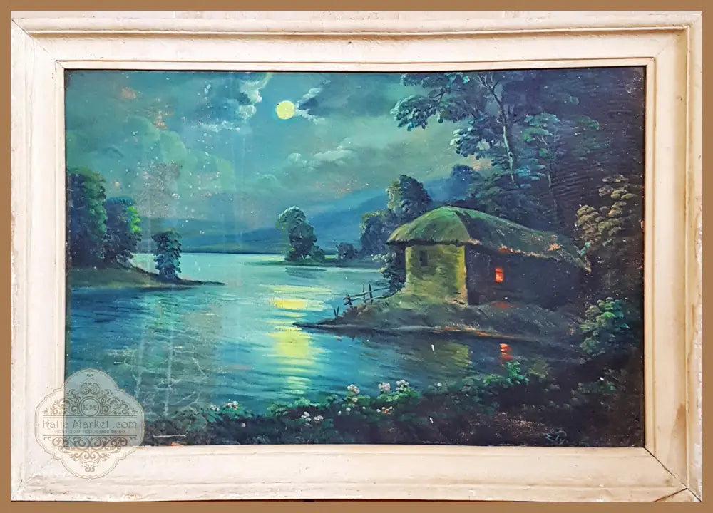 Лунен пейзаж с колиба и езеро - масло - Е. Рукова (подписана долу вдясно) - Картина