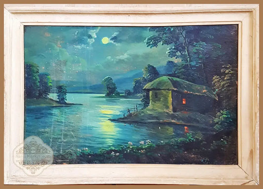 Лунен пейзаж с колиба и езеро - масло - Е. Рукова (подписана долу вдясно) - Картина