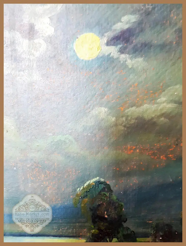 Лунен пейзаж с колиба и езеро - масло - Е. Рукова (подписана долу вдясно) - Картина