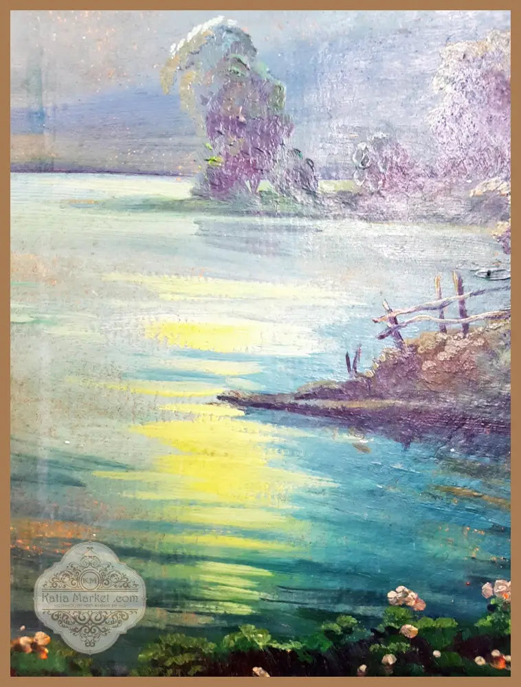 Лунен пейзаж с колиба и езеро - масло - Е. Рукова (подписана долу вдясно) - Картина