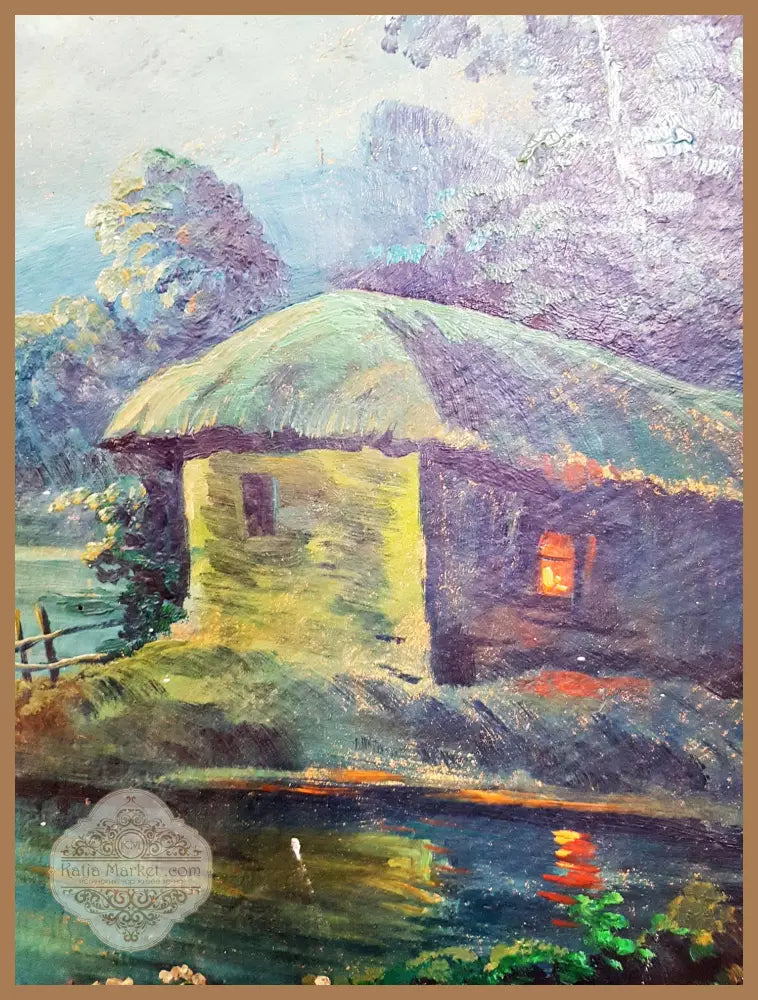 Лунен пейзаж с колиба и езеро - масло - Е. Рукова (подписана долу вдясно) - Картина