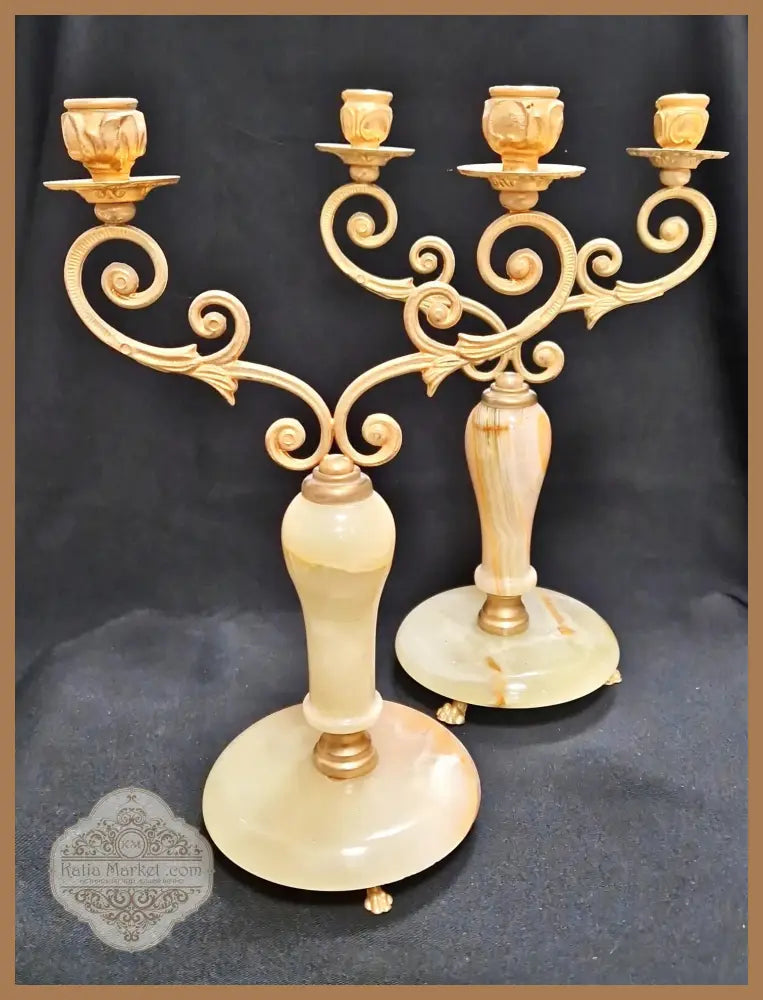 Метални свещници с оникс - на брой - antique