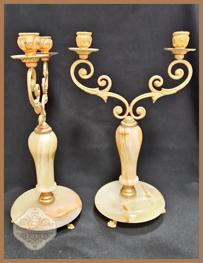 Метални свещници с оникс - на брой - antique