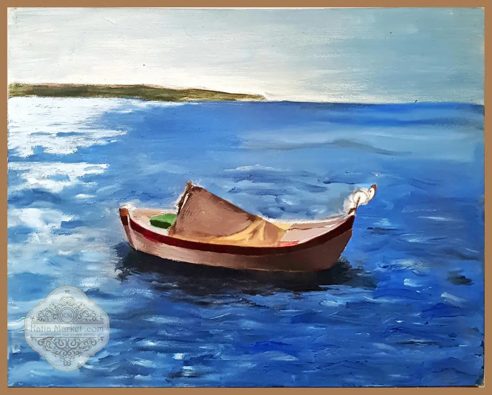 Морски пейзаж с лодка- масло - Неизвестен - Картина