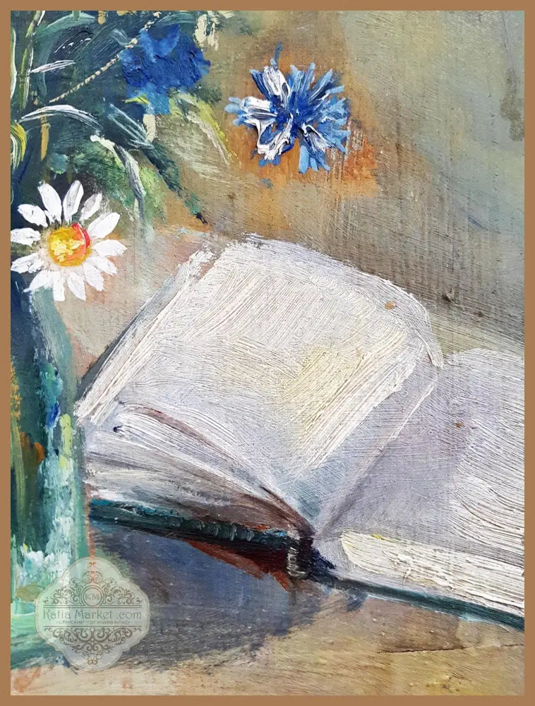 Натюрморт с цветя и книга- масло - Картина