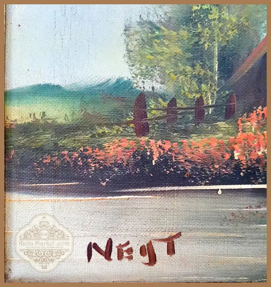 Пасторален пейзаж с къща и езеро- масло от Neij T. (1089) - Картина