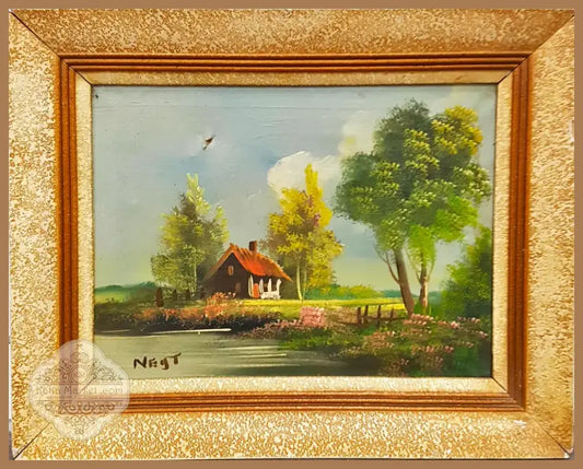 Пасторален пейзаж с къща и езеро- масло от Neij T. (1089) - Картина
