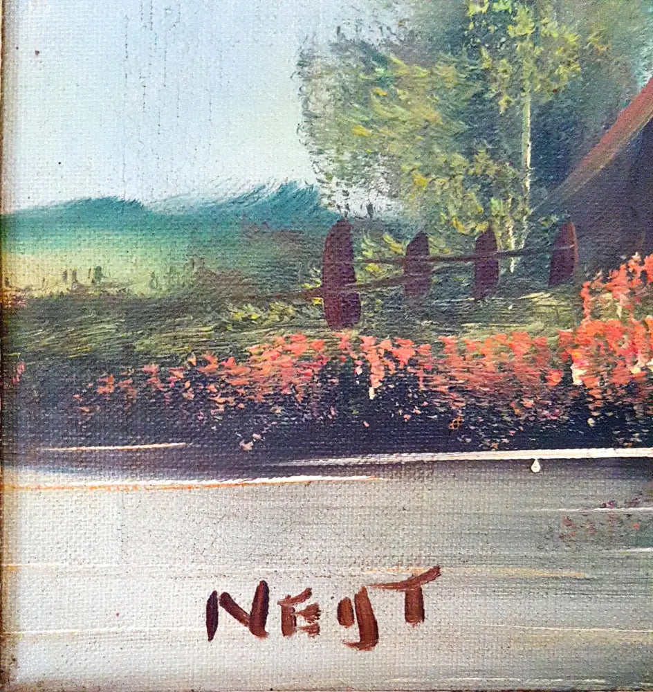 Пасторален пейзаж с къща и езеро- масло от Neij T. (1089) - Картина