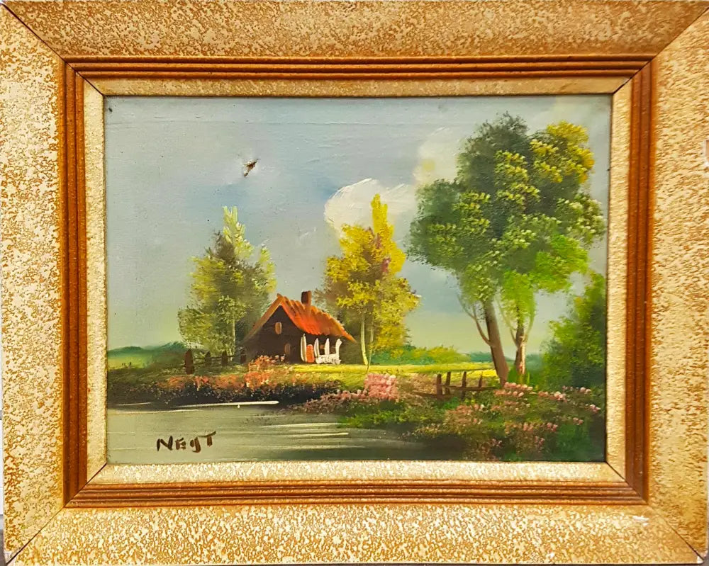 Пасторален пейзаж с къща и езеро- масло от Neij T. (1089) - Картина