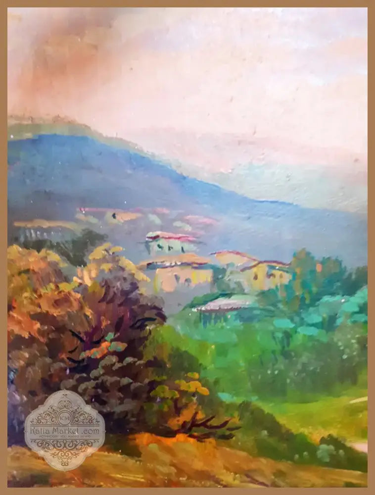 Пасторален пейзаж с къщи, масло от неизвестен автор (1184) - Картина