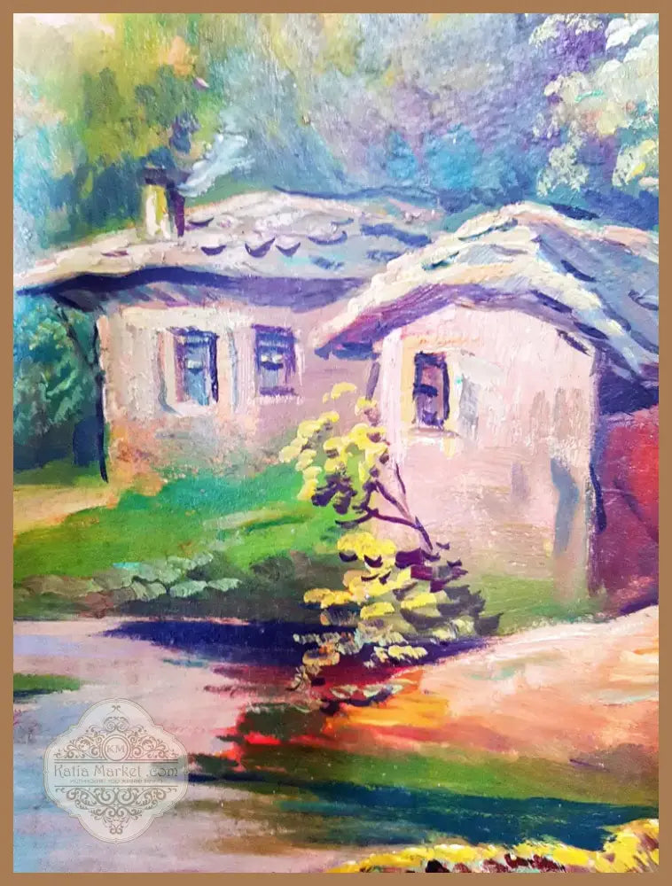 Пасторален пейзаж с къщи, масло от неизвестен автор (1184) - Картина