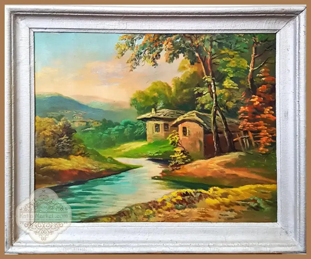 Пасторален пейзаж с къщи, масло от неизвестен автор (1184) - Картина