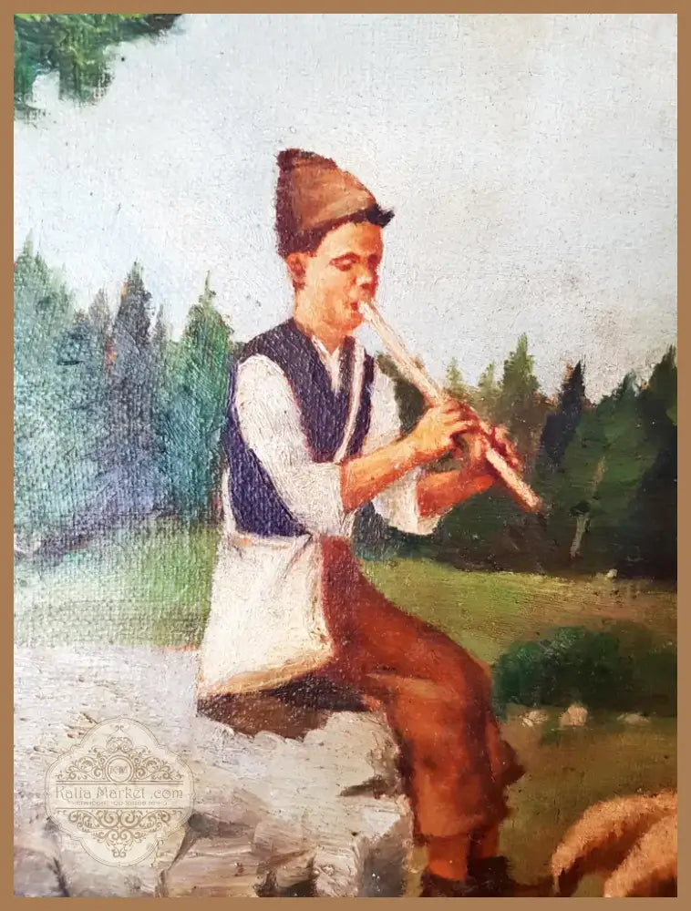 Пасторален пейзаж с овчарче- масло от Белчева (1167) - Картина