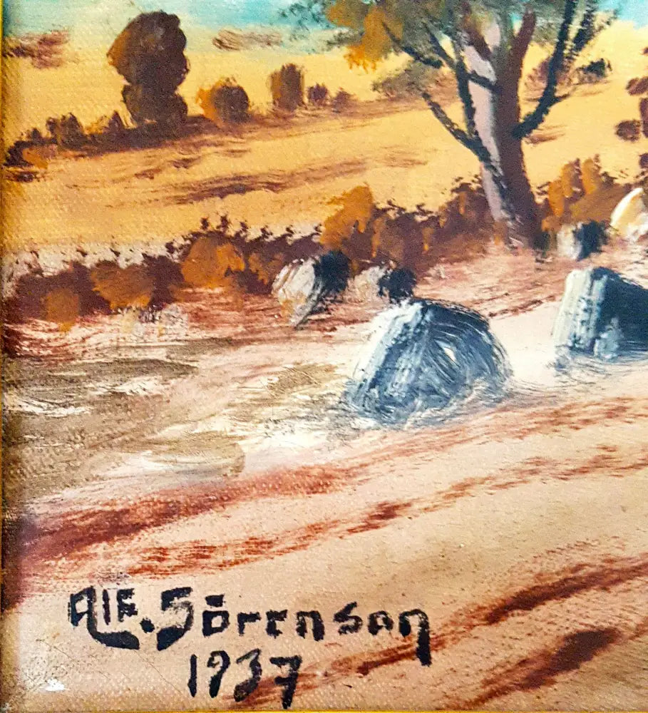 Пасторален селски пейзаж с кокошки- масло от Alf. Sorenson (1091) - Картина