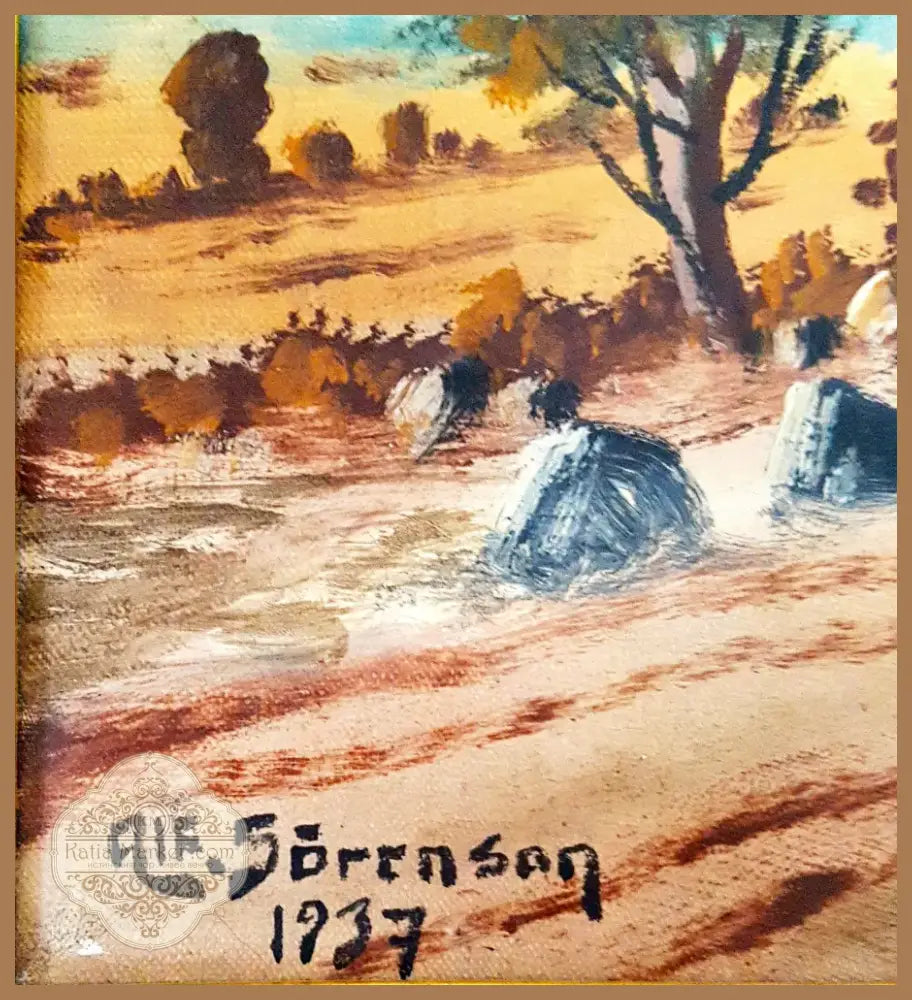 Пасторален селски пейзаж с кокошки- масло от Alf. Sorenson (1091) - Картина