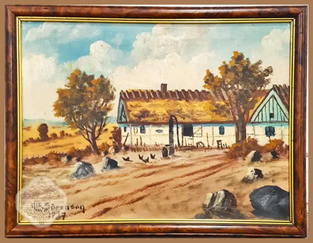 Пасторален селски пейзаж с кокошки- масло от Alf. Sorenson (1091) - Картина