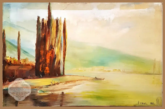 Пейзаж с езеро и тополи- масло. от Т. Русев- 1968 година - Т. Русев - Картина