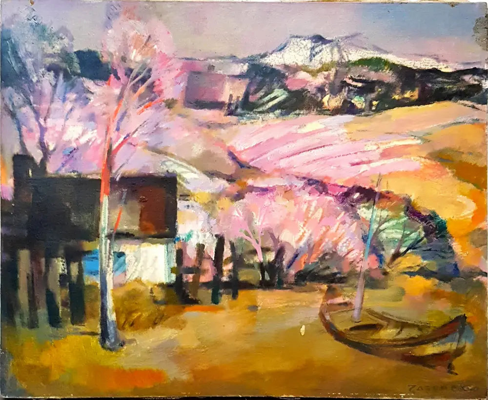 Пейзаж в розово с лодка масло от Дамян Заберски (1084) - Картина
