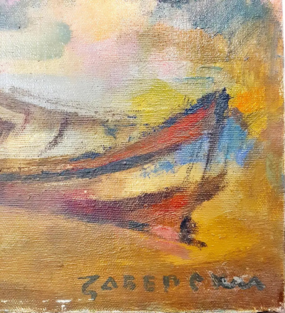 Пейзаж в розово с лодка масло от Дамян Заберски (1084) - Картина