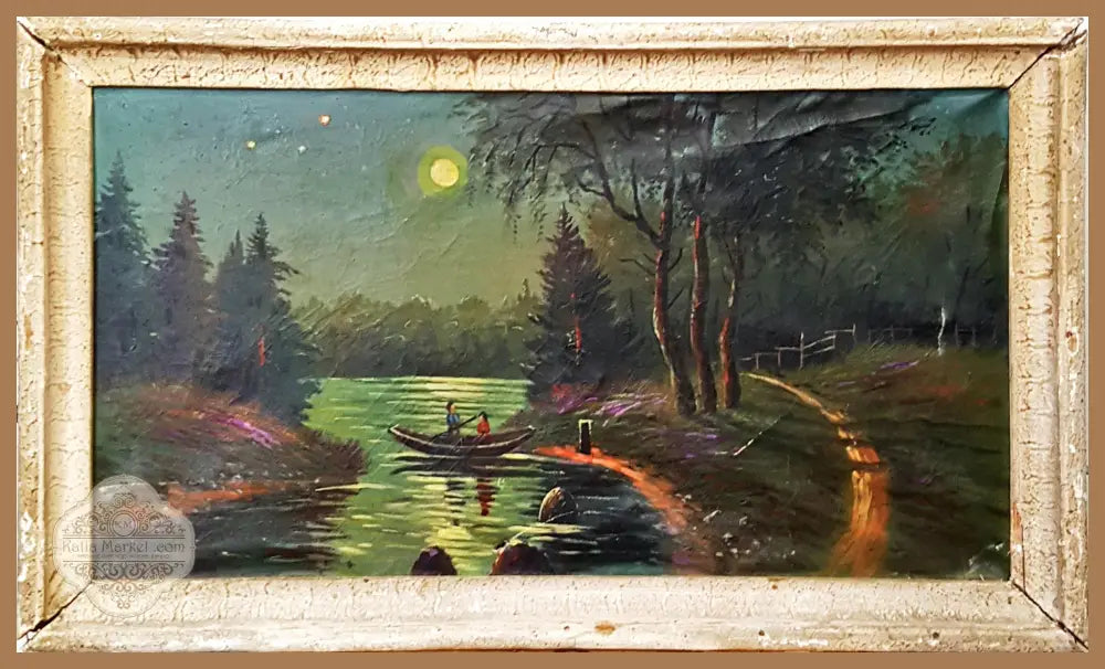Романтичен вечерен пейзаж с влюбени в лодка- масло - Неизвестен автор - Картина