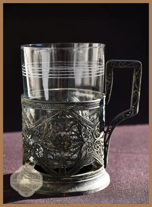 Съветски посребрен филигранен подстаканник с оригинална чаша - antique