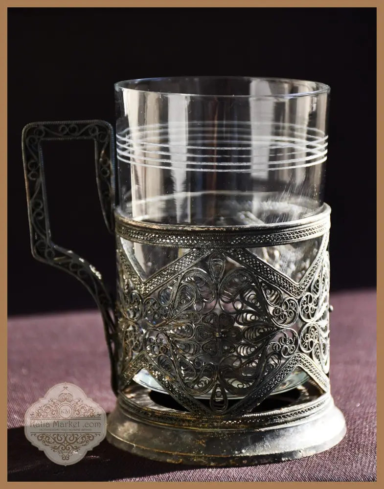 Съветски посребрен филигранен подстаканник с оригинална чаша - antique